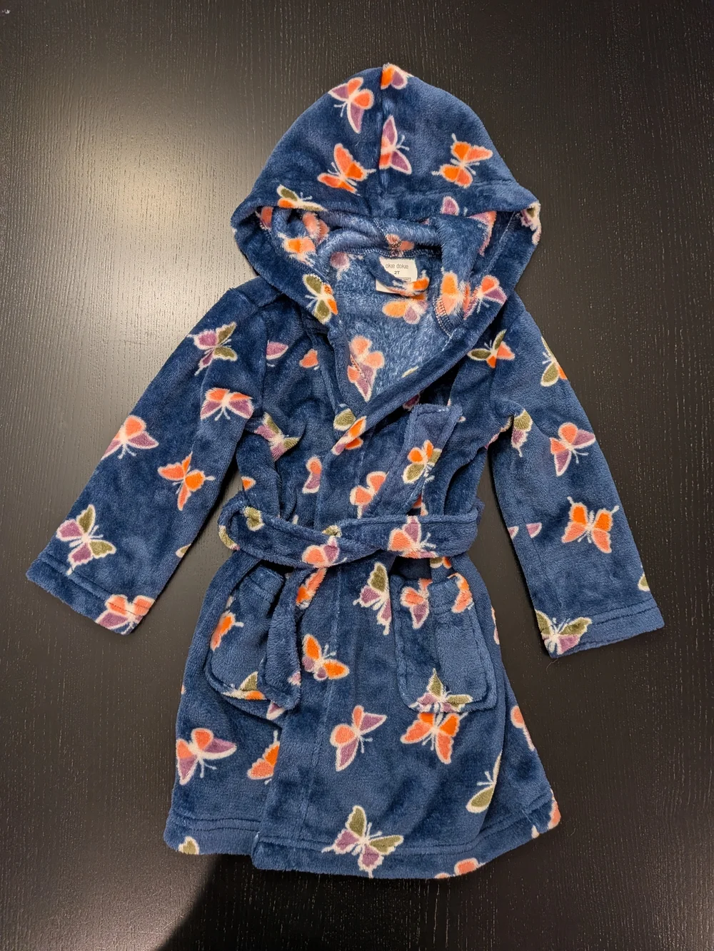 okie dokie Navy Hooded Kids Robe with Orange and Pink Butterflies - Picture 2 of 4
